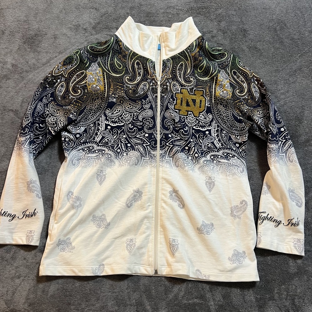 Notre Dame Women's Paisley Bling Zip Up P. Michael Sweatshirt Size L Made In US